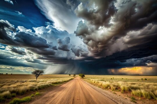 dramatic thunderstorm clouds gathering above dusty roads and endless plains at rural farm near Outjo Namibia in moody high-contrast monochrome with low-angle perspective