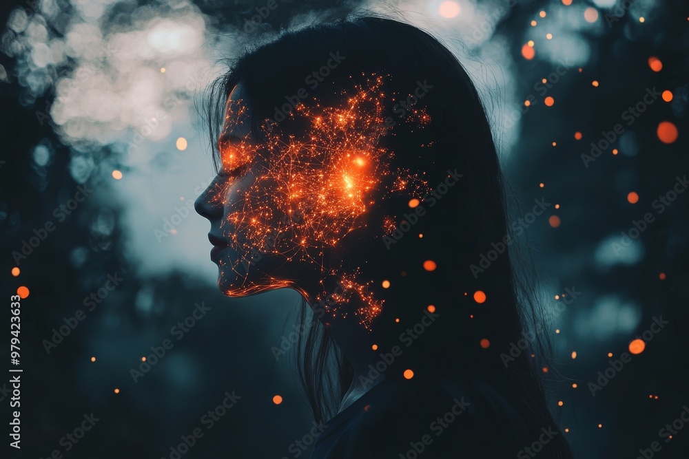Poster side profile of a woman with glowing particles surrounding her symbolizing imagination reflection an