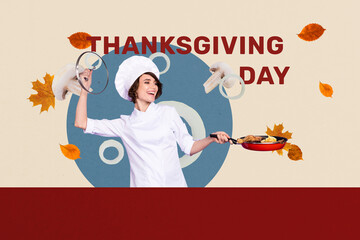 Composite photo collage of happy girl chef hold pan fried turkey meat mushrooms onion thanksgiving...