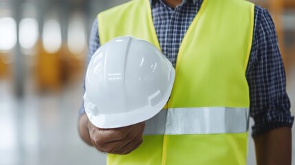 Close-up of a construction worker holding a white safety helmet, emphasizing safety at the workplace.