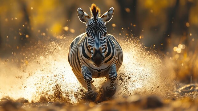 A zebra is running through the dirt, kicking up dust