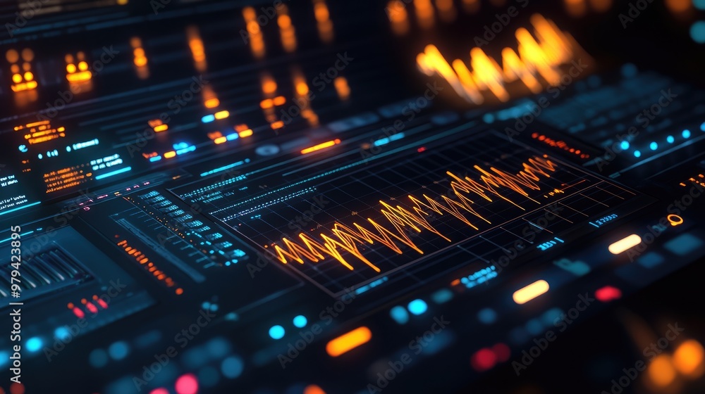 Poster close-up of a signal processing interface displaying electrical waveforms with various frequencies