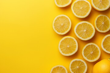 Obraz premium Multiple lemon slices arranged aesthetically on a bold yellow background, showcasing their vibrant texture and color.