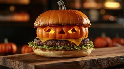 A creepy Halloween pumpkin burger sitting on a wooden board, perfect for holiday-themed parties. Capture the eerie essence of Halloween food in this creative concept.