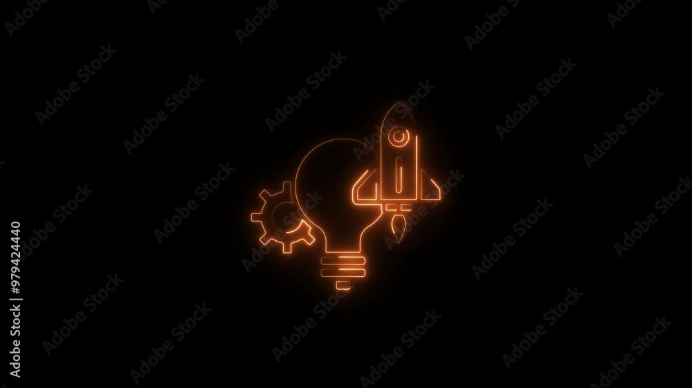 Poster neon light bulb with gear inside icon animation. simple and creative business idea concept. new idea