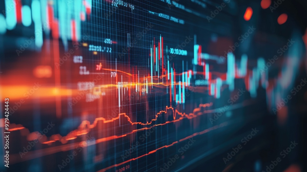 Poster close-up of a stock chart with dynamic candlestick patterns and fluctuating lines on a digital scree