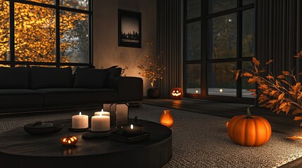 Obraz premium A dark, modern living room filled with the warm glow of Halloween pumpkins and burning candles, setting a spooky and elegant mood.
