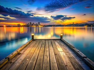 faded wooden pier at dusk with warm colorful lights reflecting off rippling water and distant cityscape in the background