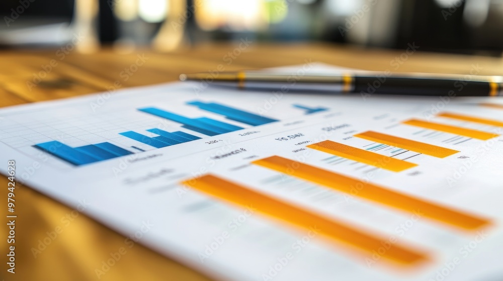 Poster close-up of a stock market analysis chart with a mix of bar graphs and line graphs highlighting key 