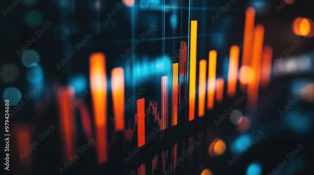 Poster close-up of a stock market analysis chart with a mix of bar graphs and line graphs highlighting key 
