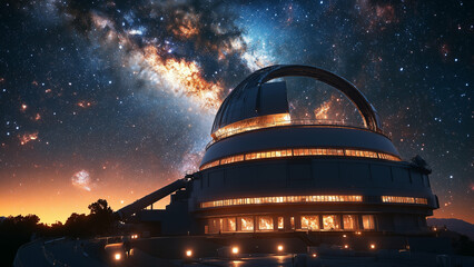 Obraz premium Observatory dome illuminated under starry Milky Way sky at night. Concept of astronomy and space exploration