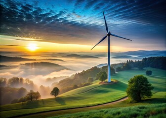 sustainable energy represented by a solitary wind turbine standing tall amidst a rolling hills landscape at dawn with cool blue hues and misty atmosphere