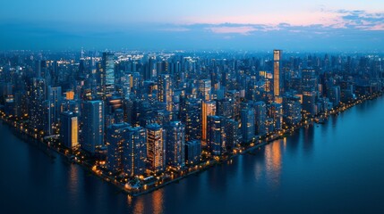 Fototapeta premium Stunning aerial view of a vibrant city skyline at dusk, showcasing shimmering lights reflected in the water below.