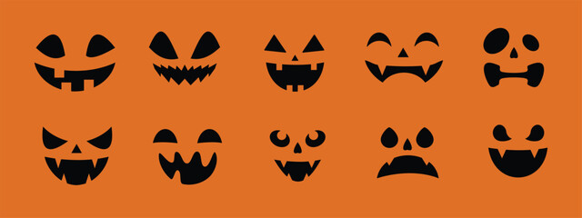 devil face character set design, orange background, pumpkins silhouette, editable vector eps 10.