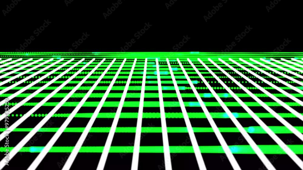 Poster abstract grid with green light on black background. motion. same size silhouettes of rectangles movi