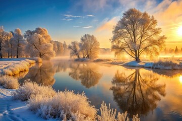 Whispers of winter morning fog with dewy mist, soft golden light, and delicate frost crystals, capturing the serene and peaceful atmosphere of nature's awakening.