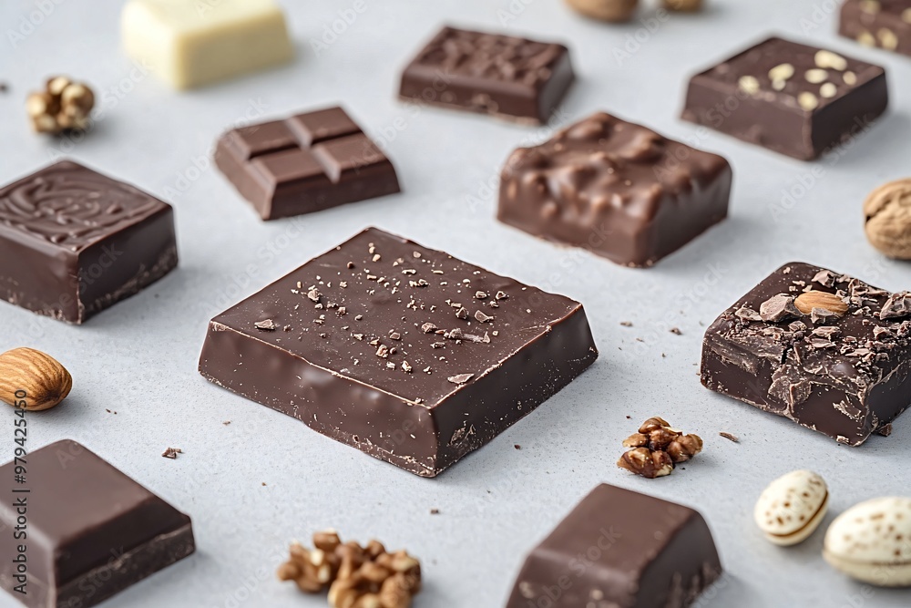 Poster chocolate bars with different toppings and nuts lying on a grey table are making a perfect compositi