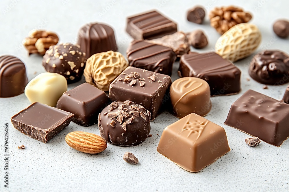 Poster different types of chocolate pralines with nuts and chocolate chips are sitting on a table, creating