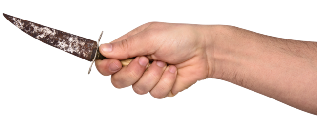 Hand holding a bone handled knife looking old and rusty