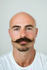 Fototapeta premium A bald man with a mustache and a white shirt. He is looking at the camera. Concept of confidence and masculinity