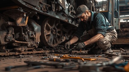 A mechanic repairing the undercarriage of a transport machine, with tools and machinery parts scattered around.