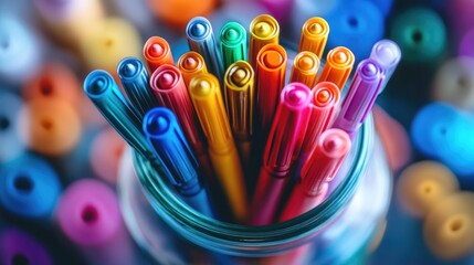 Obraz premium Close-up of colored pens in a glass jar, with their vibrant colors creating a visually appealing pattern