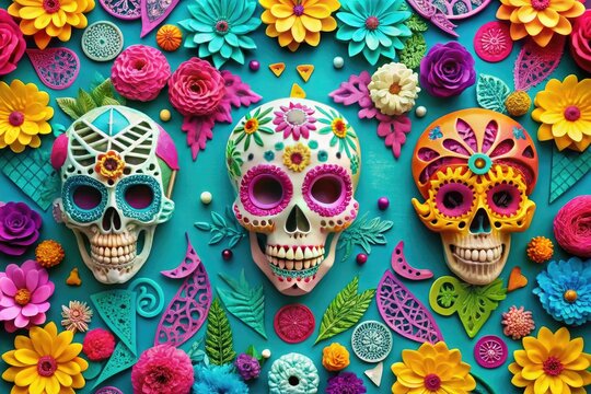 vibrant colorful stop-motion celebration of Mexican Dia de los Muertos festivities with intricate papel picado and sugar skulls in bold turquoise and pink