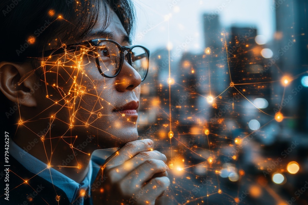 Poster man in a suit with glowing digital particles around his head symbolizing innovation intelligence and