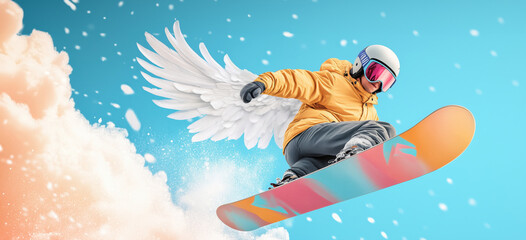 A dynamic skier soars through the air, showcasing athleticism and creativity against a vibrant, cloud-filled sky.