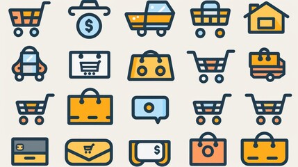 Obraz premium Modern shopping icons set featuring carts, bags, and various retail-related symbols in flat design style. Perfect for e-commerce and online stores.