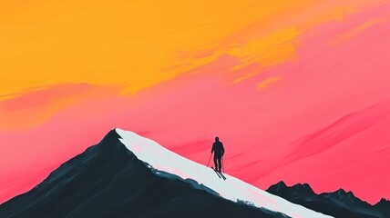 A lone hiker ascends a snow-covered peak against a vibrant sunset backdrop, showcasing nature's beauty and adventure spirit.