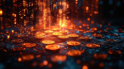 A computer generated image of a bunch of gold coins on a blue background