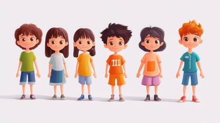 Six cartoon children in a line.