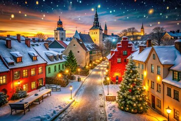 Naklejka premium Visby's festive winter evening, snowflakes gently falling, colorful twinkling lights, warm cozy atmosphere, vibrant red and green hues, magical concept