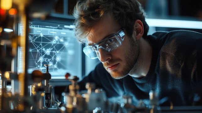 A researcher working with a quantum computing machine, with complex diagrams on a screen in the background.