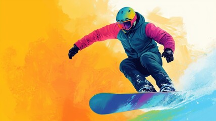 A vibrant snowboarder catches air against a colorful backdrop, showcasing the thrill of alpine adventure and winter sports.