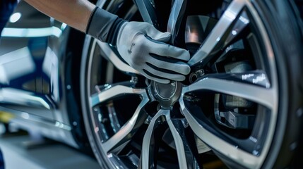 A technician expertly tightens a wheel in a well-lit automotive workshop, surrounded by tools that highlight precision and skill
