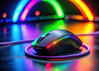 blackout gaming setup neon rainbow mouse cord darkened room intense focus LED lights refracted ambient futuristic vibrant color pop
