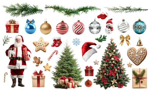 Ultimate Christmas bundle of cut-out png design elements. Santa, Christmas trees, gifts, decorations and many more.