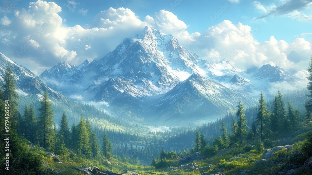 Poster A mountain range with snow on the peaks and a forest in the foreground
