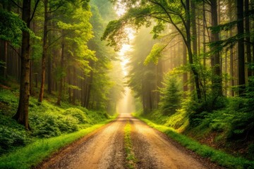 Obraz premium rustic gravel road cutting through lush green forest misty atmosphere warm beige tones