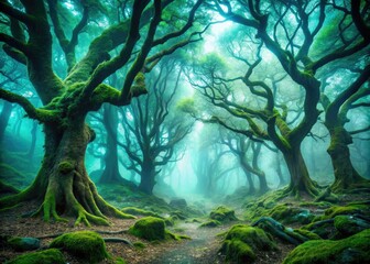 Mysterious ancient forest with twisted tree branches, misty atmosphere, and eerie emerald green hues, conjuring a sense of mystique and forgotten lore.