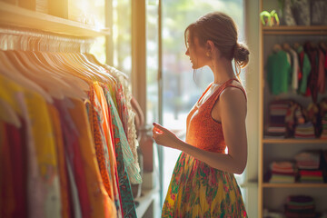  young stylish shopper browsing outfits in a trendy clothing store