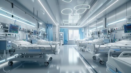 Obraz premium A spacious hospital ward filled with advanced medical equipment and empty beds, illuminated by natural light streaming through large windows