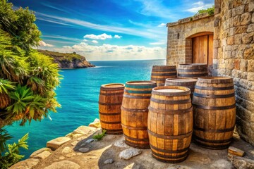 Fototapeta premium Sun-kissed Mediterranean coast with weathered wooden barrels stacked high featuring stylized colorful logo on distressed stonewalls overlooking turquoise waters.