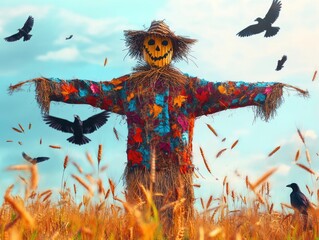 Harvest Scarecrow Amidst Birds and Field