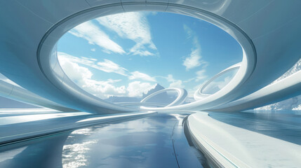 Fototapeta premium Futuristic sci-fi roads, futuristic cars, futuristic architecture, blue skies, digital art styles.