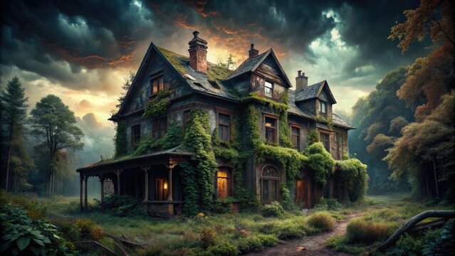 dark mysterious ominous abandoned eerie haunted decaying overgrown foreboding dark mystical derelict