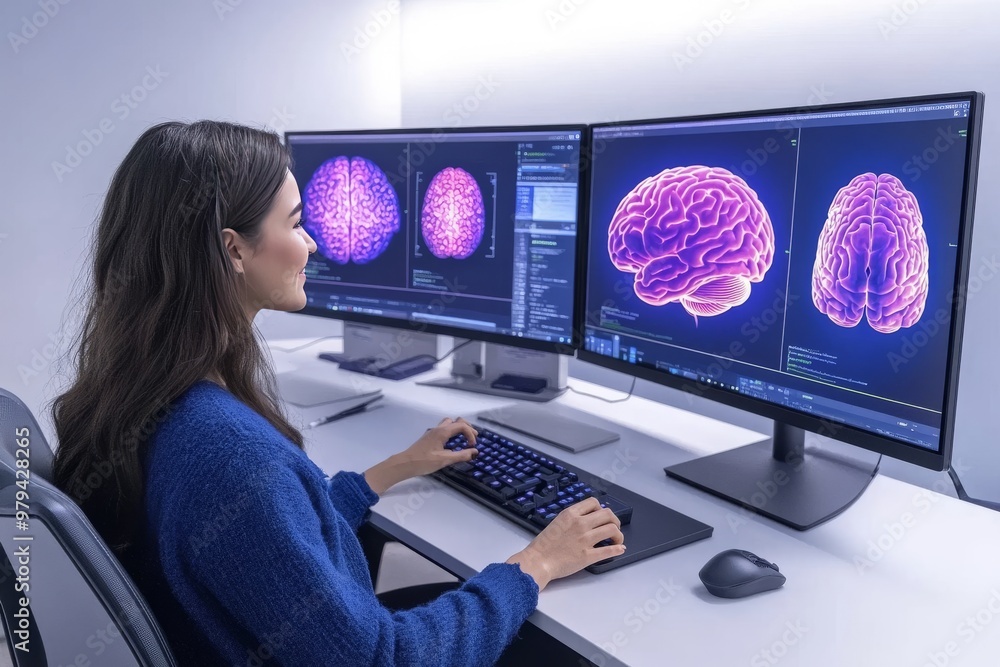 Poster woman analyzing brain scans on multiple glowing screens symbolizing neuroscience cognition and the r
