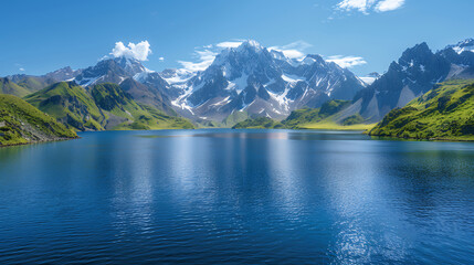 Obraz premium Alpine lake with snow-capped peaks under blue sky. Serene mountain scenery with reflection in crystal-clear water. Ecology and environment.